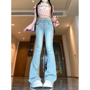 2025新款蝴蝶结微喇叭牛仔裤女紧身包臀裤子高腰显瘦长裤图片