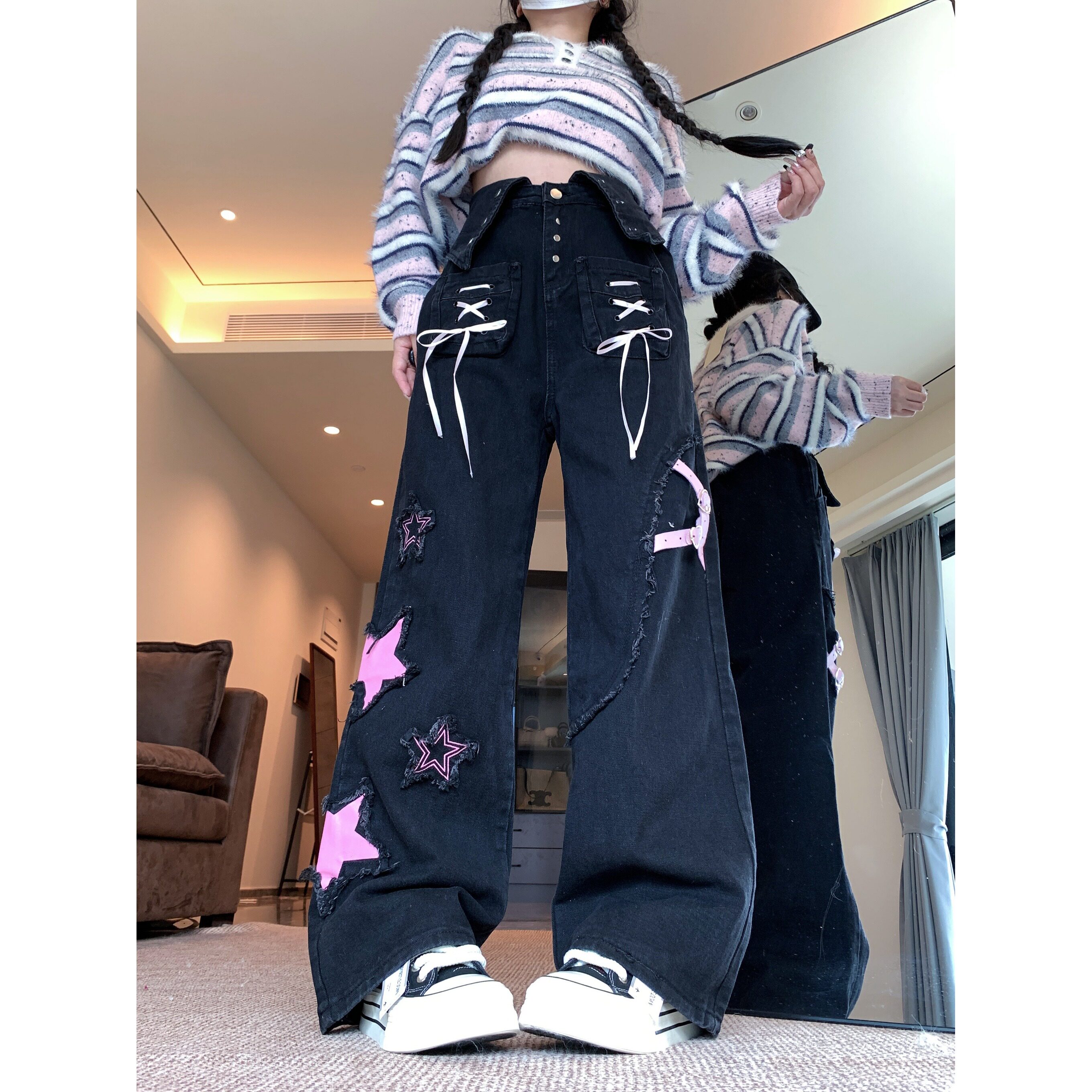 四季新款阔腿裤女显瘦翻领牛仔裤原创星星设计感毛边亚文化，女装牛仔裤，电商A306A