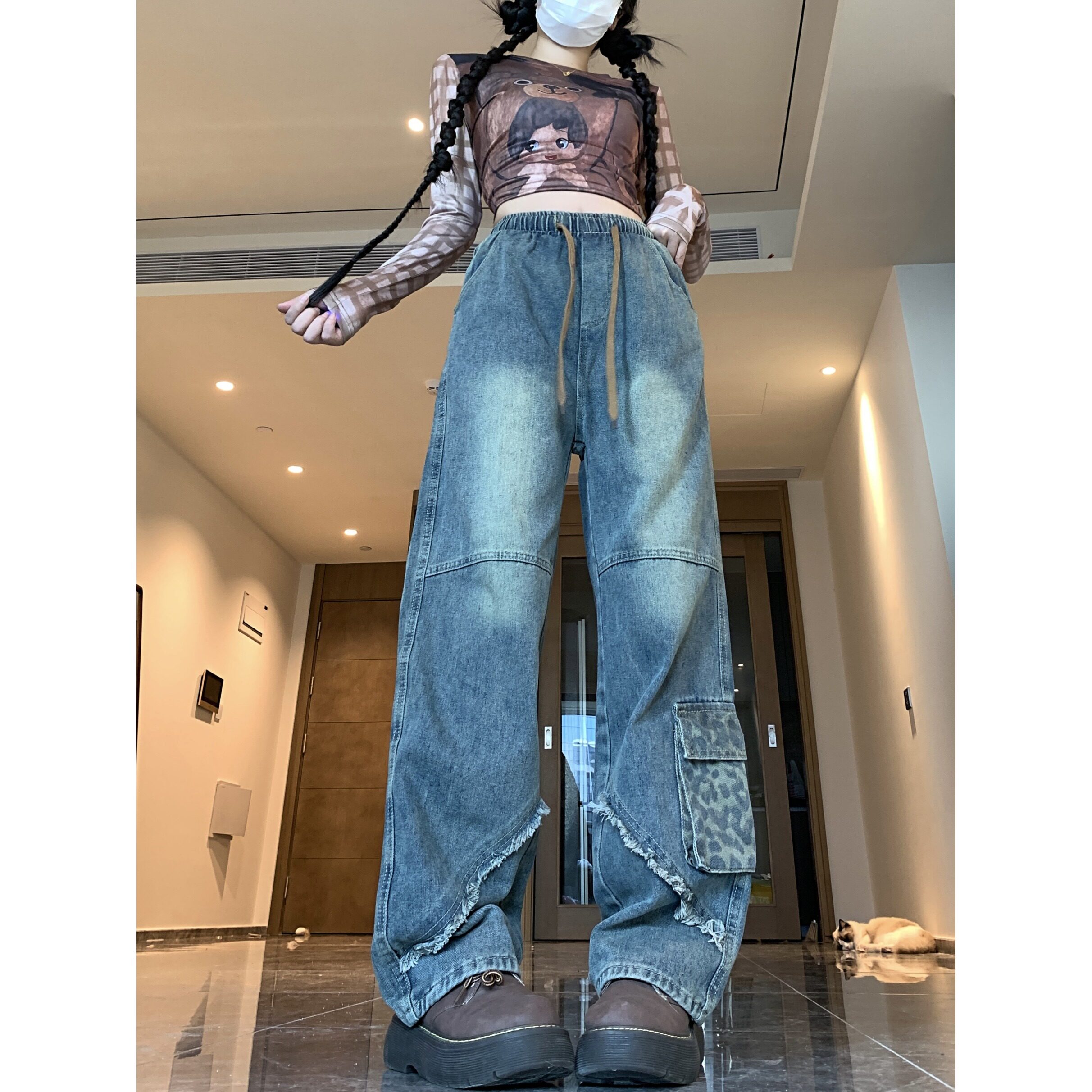 四季款阔腿裤女2025年春夏新款松紧腰宽松显瘦拼接牛仔裤，男装牛仔裤，电商A306A