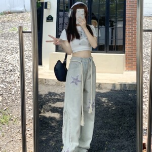 6044-P42特 小众设计感星星美式街头牛仔裤女潮高街复古直筒裤图片