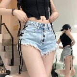 2259-P40辣妹绑带牛仔裤女夏截图大码夜总店超a字毛边短裤，男装牛仔裤，电商A306A