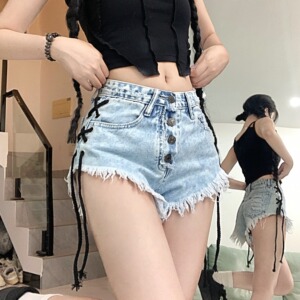 2259-P40 辣妹绑带牛仔裤女夏截图大码夜总店超a字毛边短裤图片