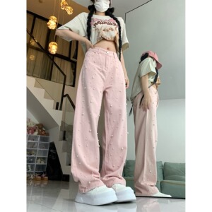 2199-P48 美式韩版直筒阔腿裤打珠阔腿牛仔长裤女图片