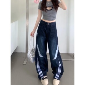 2076-P67 三条杠复古阔腿牛仔裤女设计感痞帅百搭坠感直筒裤图片