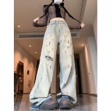 2025春夏新款欧美复古泼墨破洞牛仔裤子女夏季2025新款阔腿长裤，男装牛仔裤，电商A306A