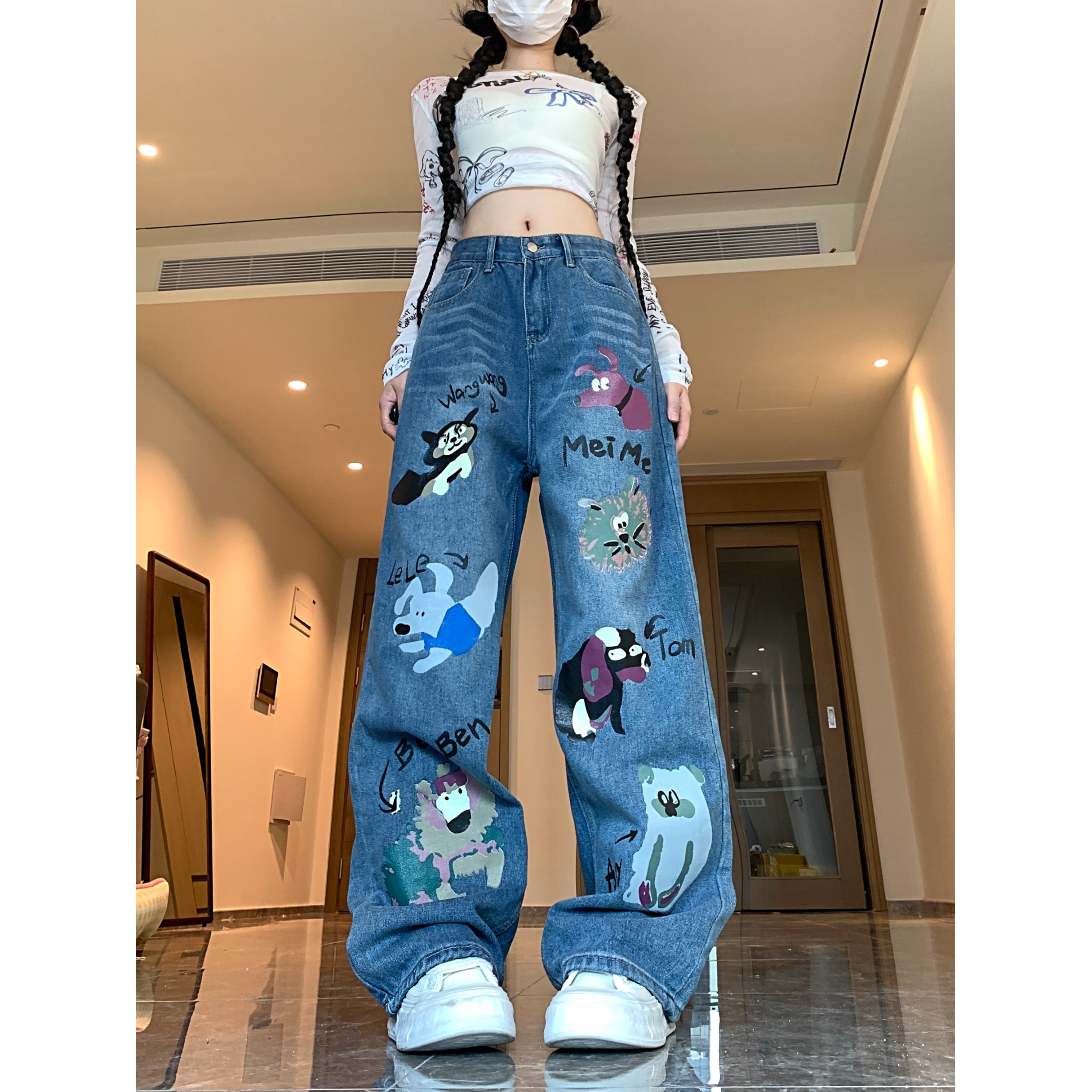 四季2025新款涂鸦印花高街牛仔裤女设计感小众高腰宽松阔腿裤子，女装牛仔裤，电商A306A