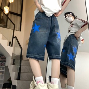 8418-P42 美式高街五分裤女嘻哈潮牌宽松直筒阔腿牛仔中裤图片