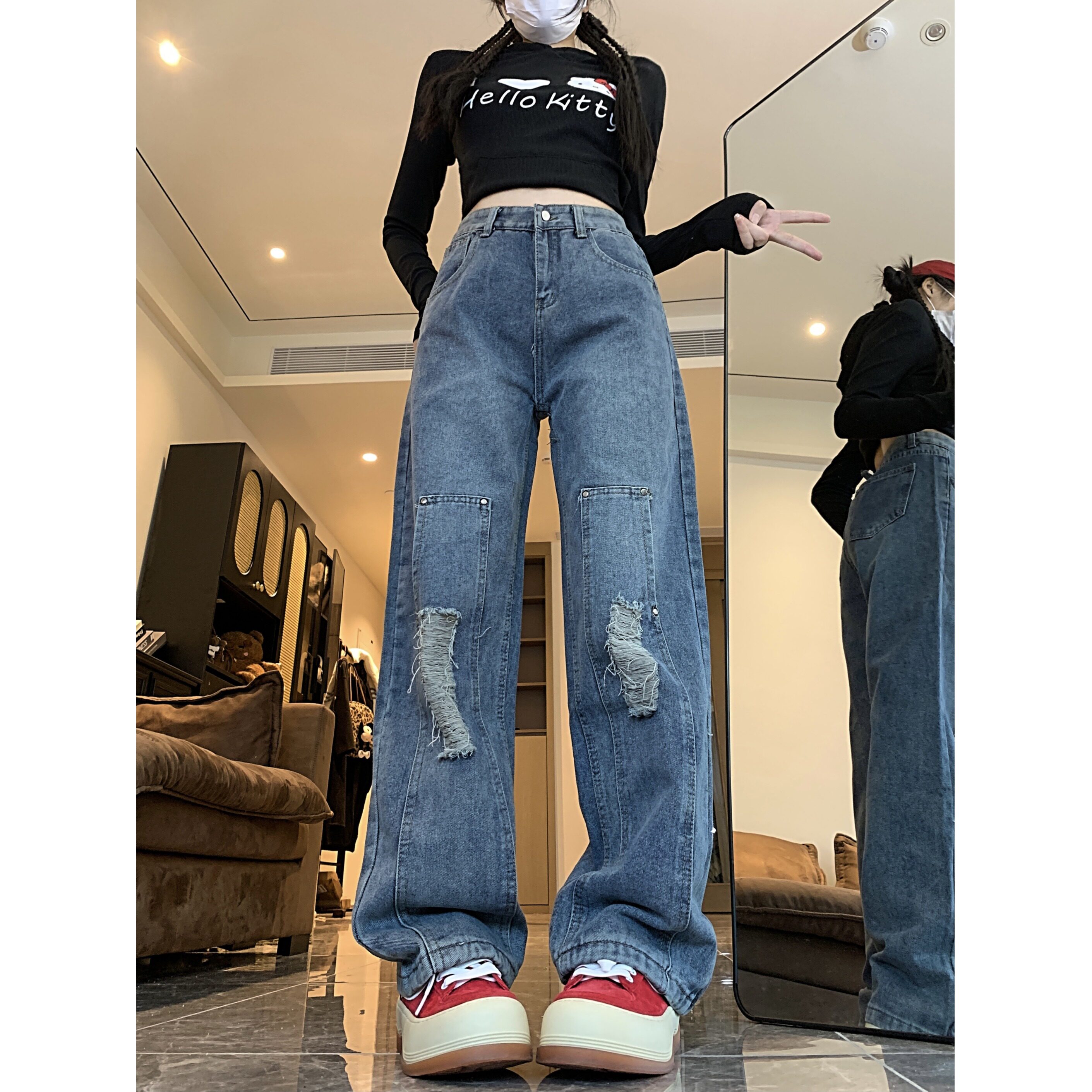 2025四季新款美式高街ins复古破洞牛仔裤子直筒裤宽松阔腿裤女，女装牛仔裤，电商A306A