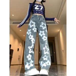 8431-P44四季新款印花星星hiphop高街牛仔裤新款设计宽松直筒裤子