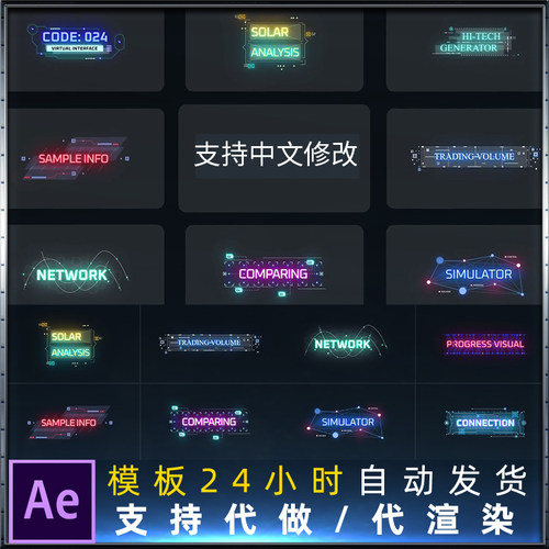 霓虹灯文字特效赛博朋克风格HUD技术动画人名字幕条标题AE模板