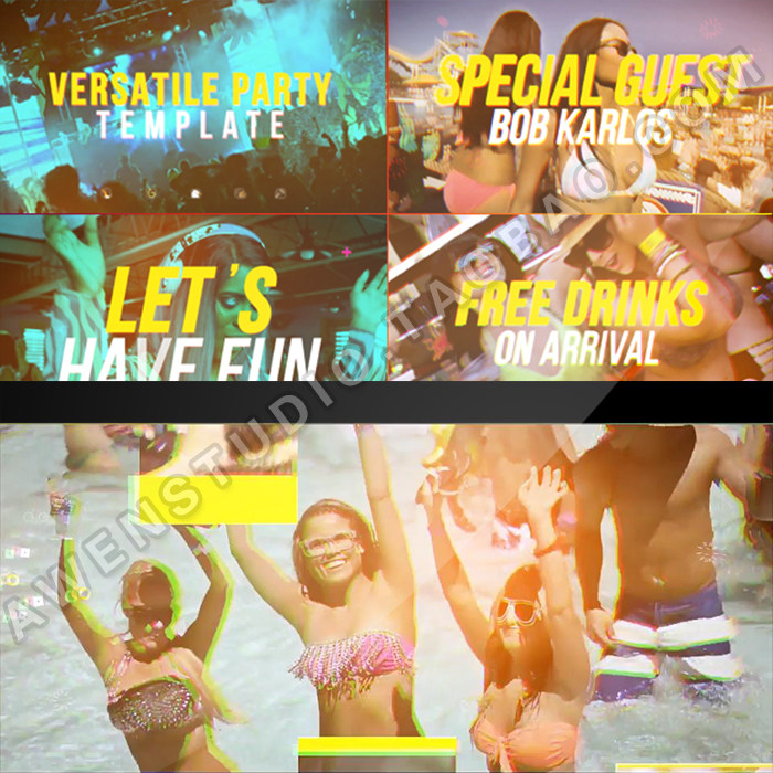 动感沙滩音乐聚会派对人群大场景时尚人群片头动画视频展示AE模板