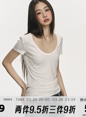 anna aneae正肩u领短袖T恤女夏季宽松显瘦简约针织短款白色上衣潮