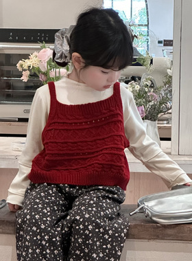 女童红色小吊带针织背心叠穿后背镂空开叉宝甲袖上衣