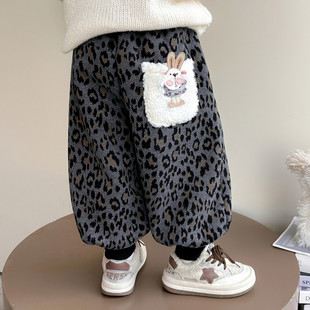 女童加绒裤子冬季2025新款洋气儿童加厚豹纹休闲裤宝宝冬装卫裤潮