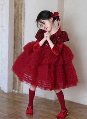 女童红色小香风亮片网纱蛋糕裙公主裙2025冬女孩加绒连衣裙生日裙