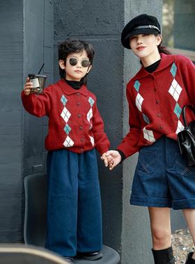 圣诞亲子毛衣母子母女红色节日风高级感菱格领毛衣复古风外套开衫