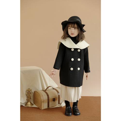 2025女童海军领拼接双面羊绒大衣