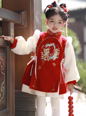 女童汉服春秋夹棉加厚中式旗袍宝宝唐装旗袍裙红色喜庆拜年服冬