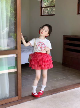 儿童粉色格子蛋糕裙女童夏季防走光半身裙中小童坑条白色短袖T恤