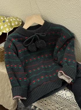 童加绒毛衣2025冬季新品韩版洋气花朵套头保暖女童毛衣上衣