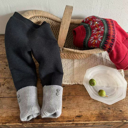 2025韩系新款女童撞色罗纹针织裤