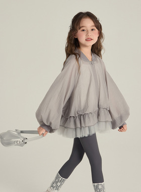 春秋新款灰色中大女童韩版公主风网纱下摆花苞薄款外套鲨鱼裤套装