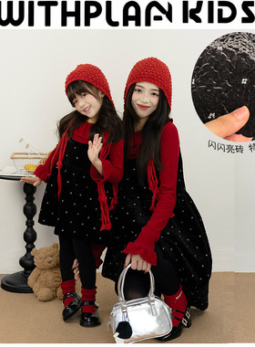 亲子装25冬季新款圣诞节日风母女装黑色丝绒亮钻绗线背心裙