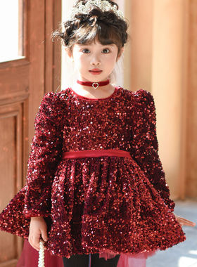 儿童红色礼服蓬蓬纱公主裙亮片宝宝周岁生日连衣裙女童主持演出服