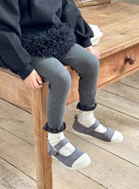 2025女童新款软棉花边时尚洋气百搭灰色森系休闲裤打底裤可外穿