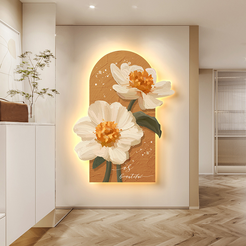 奶油风玄关装饰画现代轻奢高档LED灯画客厅过道走廊尽头花卉壁画图片