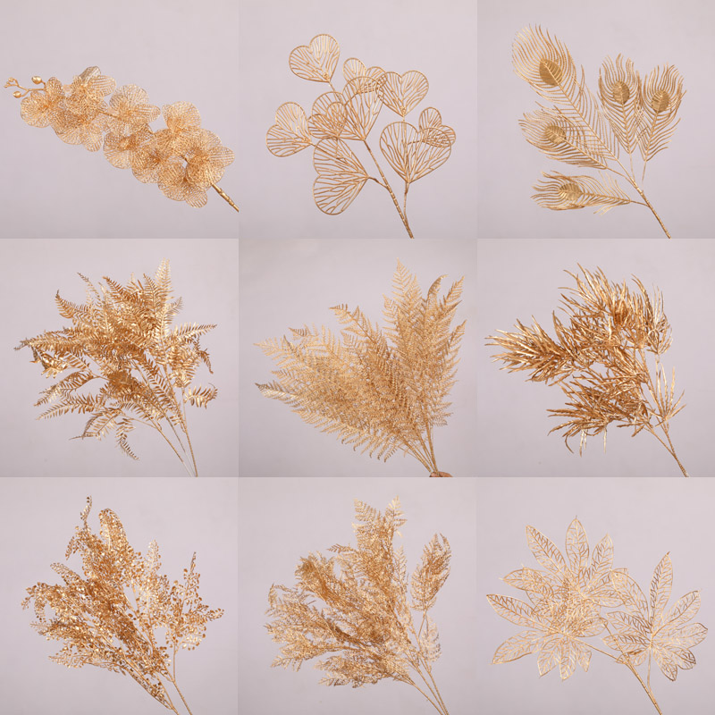 新年金色系列婚庆仿真花材冬青果新年福桶DIY插花摆件金色小扇叶