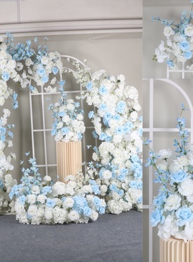 蓝色牛角门花艺绢花婚礼仿真拱门舞台背景求婚装饰仿真花路引布置