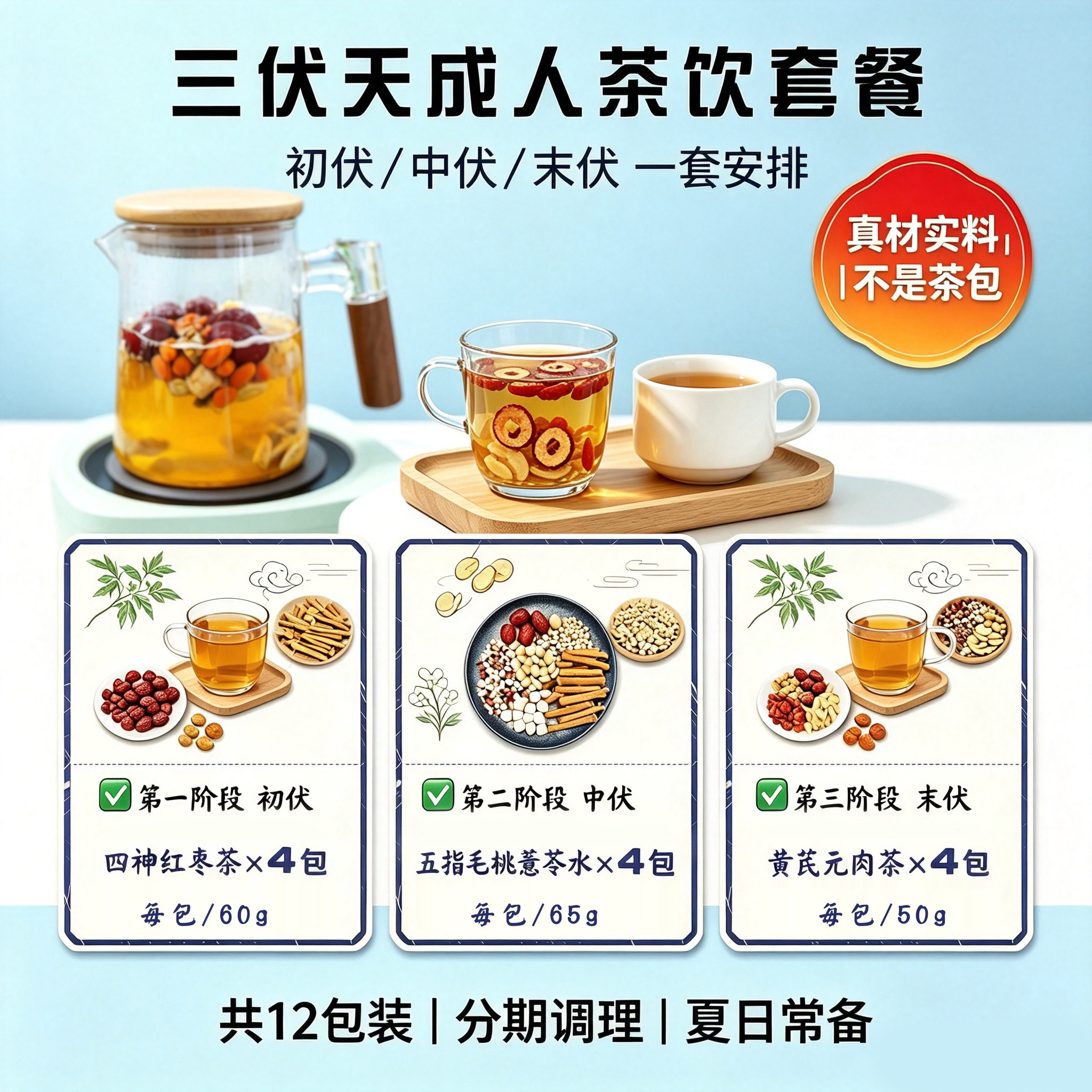 三伏天成人养生茶套餐 初伏中伏末伏四神汤五指毛桃黄芪真材实料
