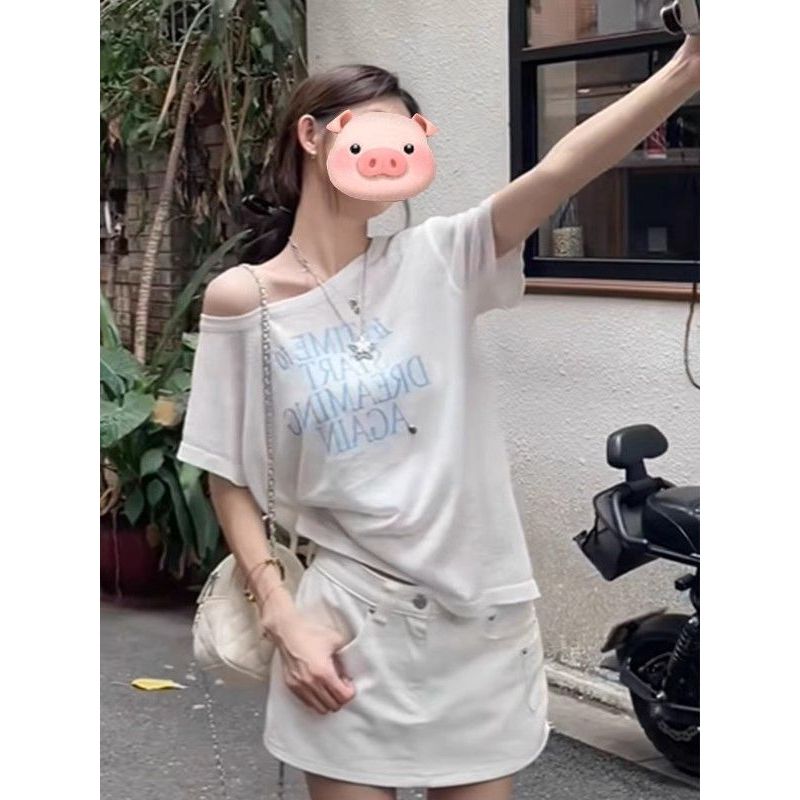 美式字母斜肩纯棉白色短袖t恤女夏季宽松纯欲高级感露肩性感上衣