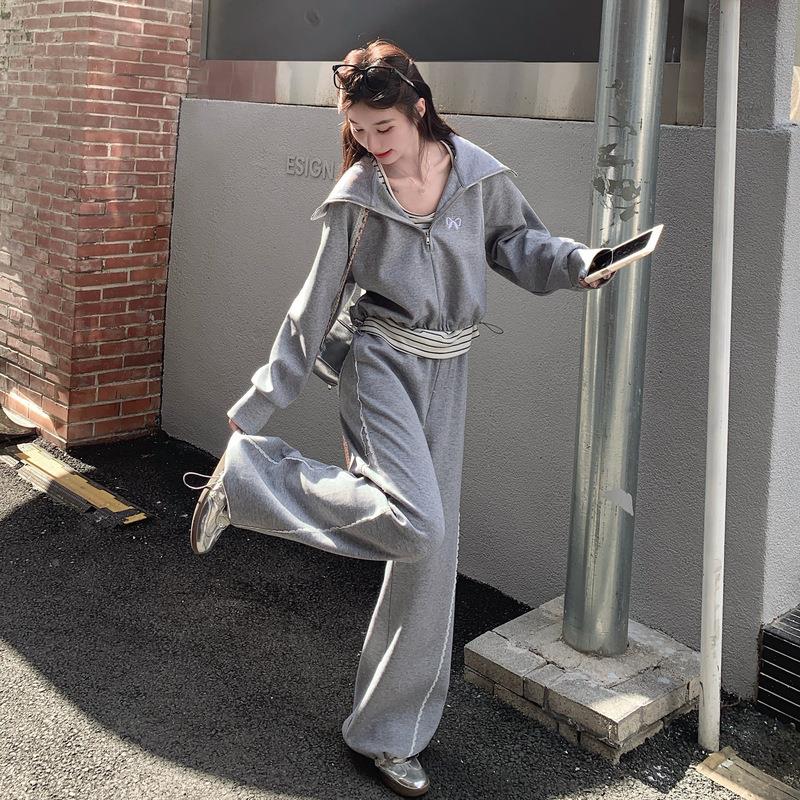 套B293FN26装子休闲慵懒春风年秋装蝴蝶刺绣休闲衣背心卫裤套装三