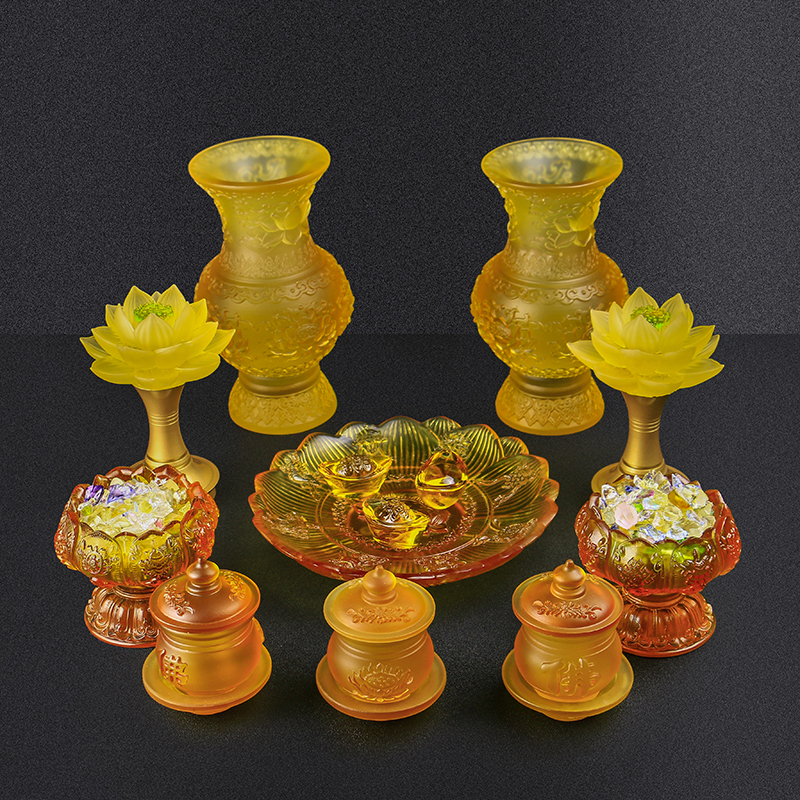古法琉璃供佛套装佛具用品 供果盘  供水杯 花瓶 烛台 莲花灯一套