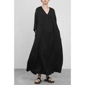 JUZININE原创设计 真丝连衣裙双面缎v领桑蚕丝七分袖 宽松压褶长裙