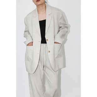 JUZININE原创设计雨露麻西装纯亚麻休闲松垮落肩上衣轻薄复古外套