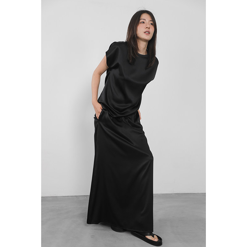 JUZININE原创设计真丝半身裙弹力缎桑蚕丝侧口袋长裙弹力腰A字裙