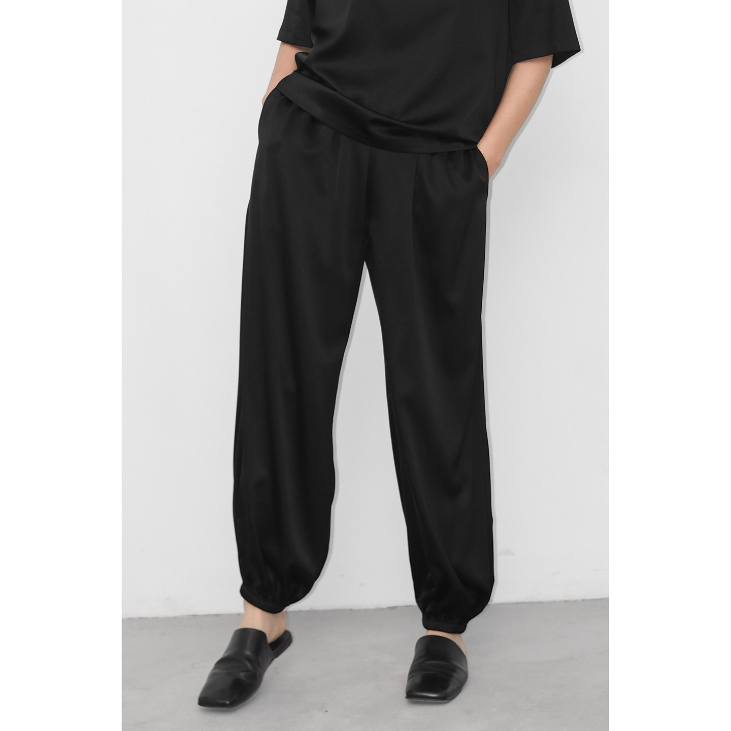 JUZININE原创设计真丝松紧腰休闲裤桑蚕丝弹力腰束脚轻薄垂顺长裤