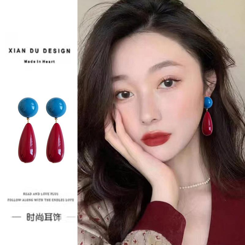 复古港风美人年代感酒红耳环耳夹