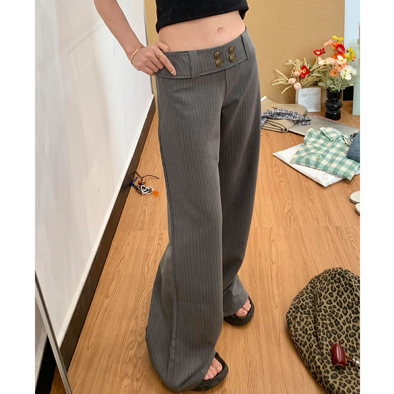 灰色条纹低腰老钱风微喇西装裤女图片