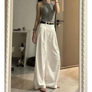 高腰垂坠感高级感褶皱直筒裤 新款 女2026春季 白色竹节纹阔腿牛仔裤