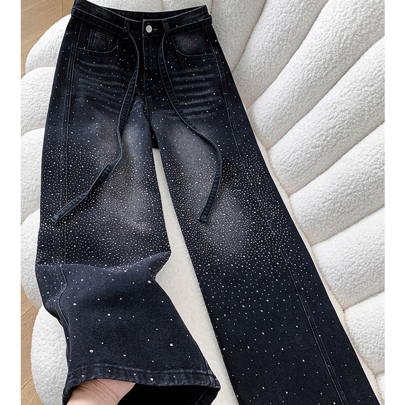 黑色满天星烫钻亮闪闪带钻阔腿弯刀牛仔裤女2026新款高腰直筒裤子,女装/女士精品,牛仔裤,淘宝优惠券,粉丝福利购,淘宝优惠卷