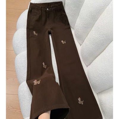 棕咖色小狗刺绣微喇牛仔裤2026夏