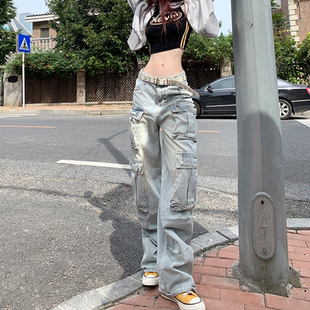 复古多口袋工装 美式 裤 女2024夏季 子 THE 水洗直筒阔腿牛仔裤 BLACK