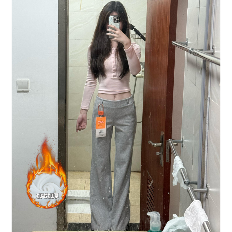 灰色加绒阔腿微喇叭卫裤冬季新款