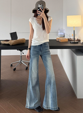 美式浅蓝色高腰微喇牛仔裤女夏薄款2026新款弹力小个子垂感直筒裤