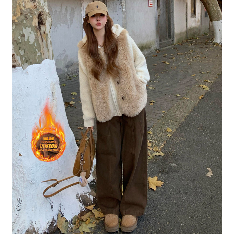 美拉德棕咖色加绒阔腿牛仔裤女2025冬季新款高腰显瘦直筒休闲裤子,女装/女士精品,牛仔裤,淘宝优惠券,粉丝福利购,淘宝优惠卷