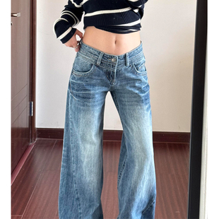 辣妹宽松不贴腿微喇叭裤 美式 女2026新款 复古深蓝色低腰阔腿牛仔裤